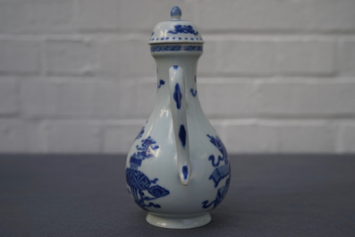 A Chinese blue and white ewer and cover with 'antiquities' design, Kangxi